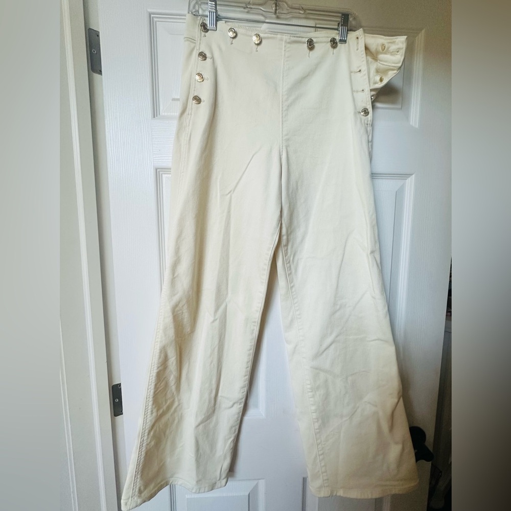Cream Wide-Leg Pants with Button Detail